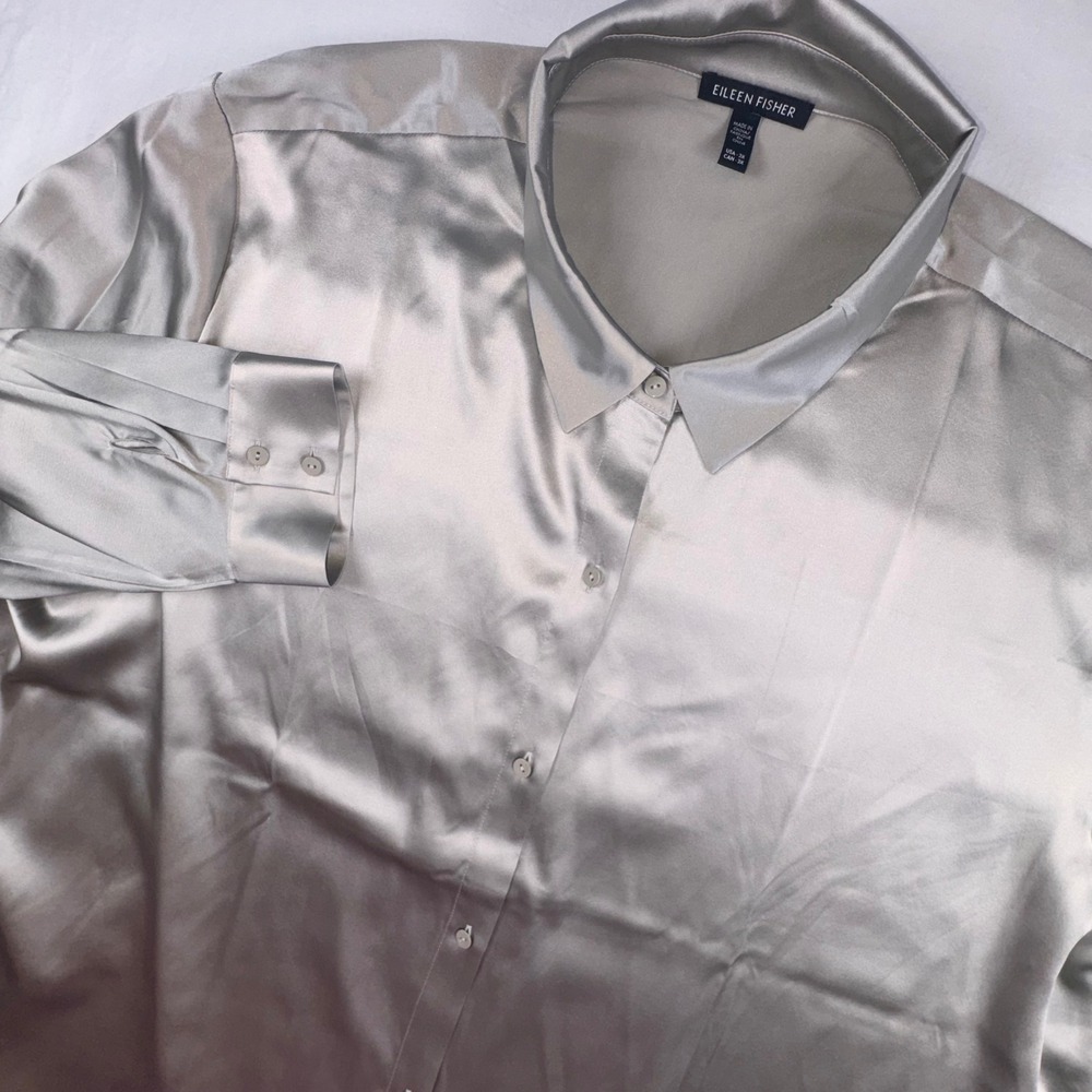 Eileen Fisher Button Down Shirt Women 3X Grey Silk Blend Stretch Satin Slits